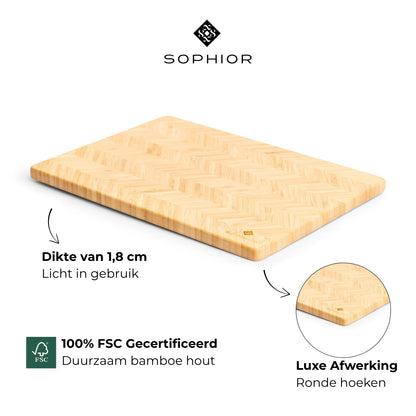 Bamboe Snijplank – 42×30×1,8 cm infographic met FSC-certificering en luxe afwerking