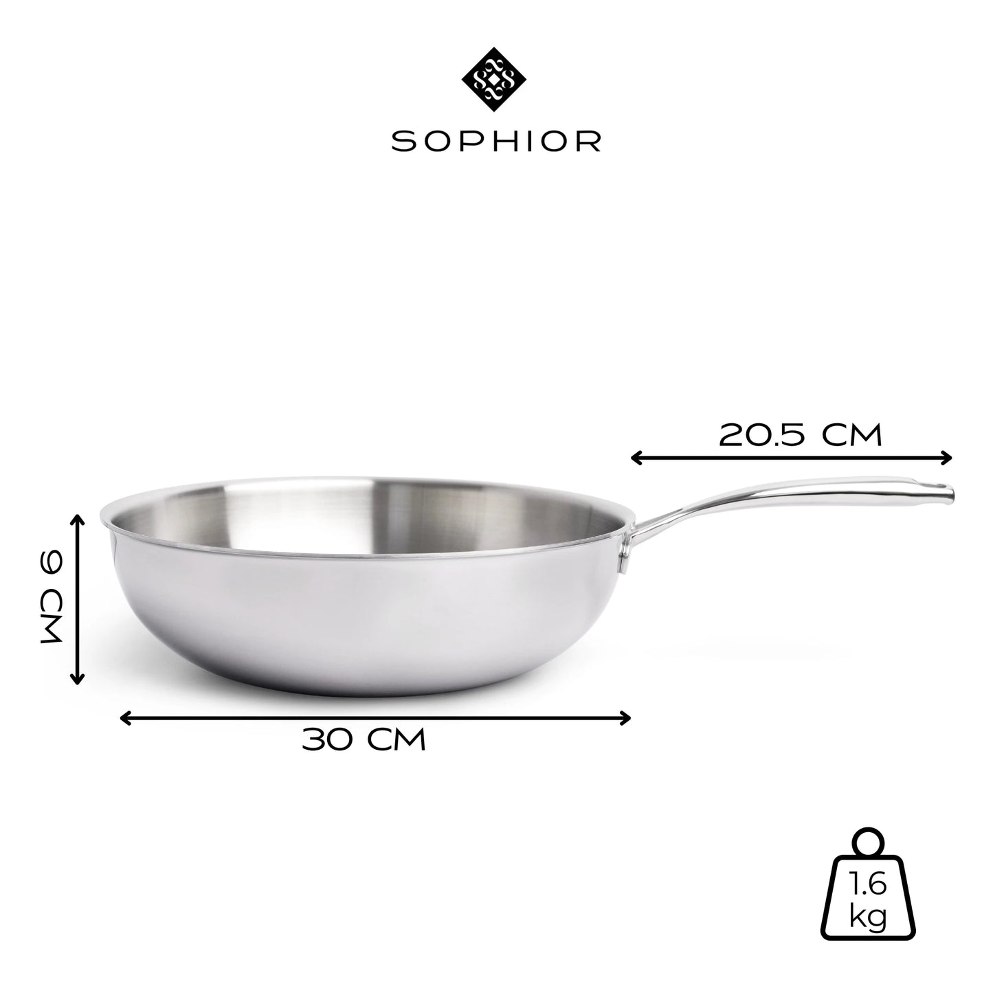 RVS Wokpan Ø30cm infographic met afmetingen 30 cm doorsnede en gewicht 1,6 kg