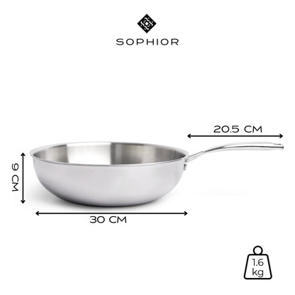 RVS Wokpan Ø30cm infographic met afmetingen 30 cm doorsnede en gewicht 1,6 kg