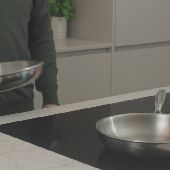 Productvideo: RVS koekenpannenset 24 en 28 cm bij inductiekookplaat in moderne keuken