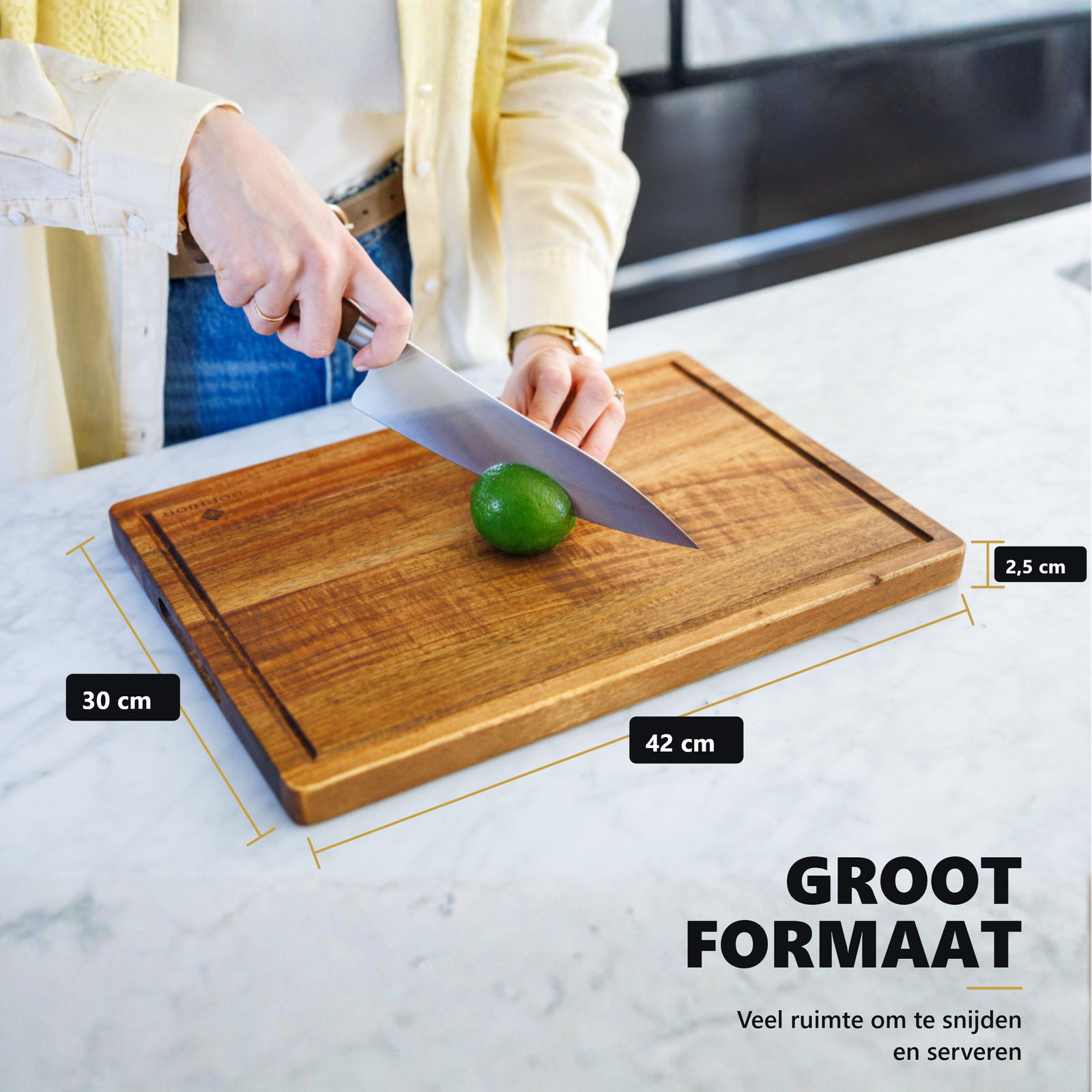 Houten snijplankenset acacia, grote plank met afmetingen 42×30×2,5 cm